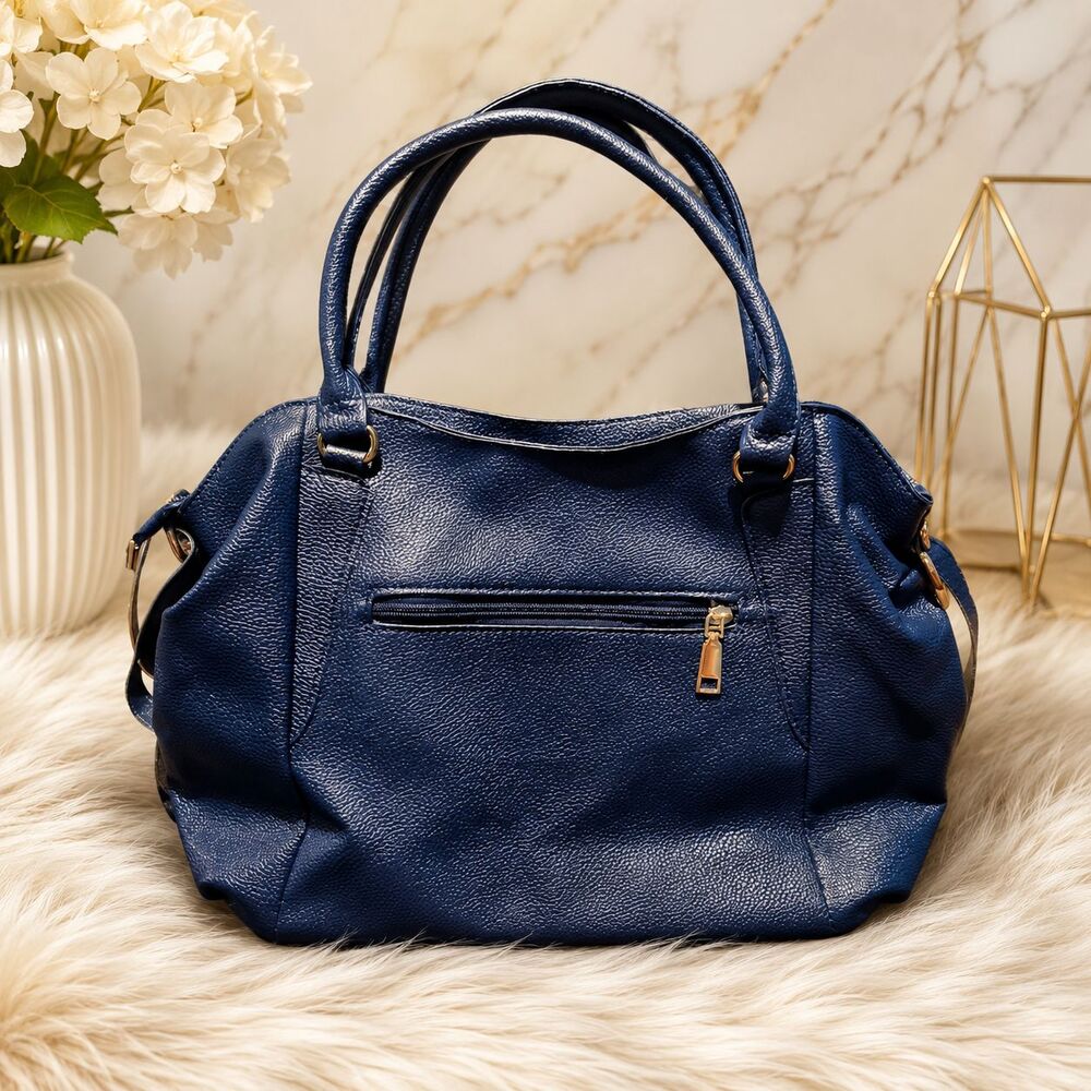 Navy Blue Pebbled Shoulder Handbag Satchel Tote Gold Tone Hardware Crossbody